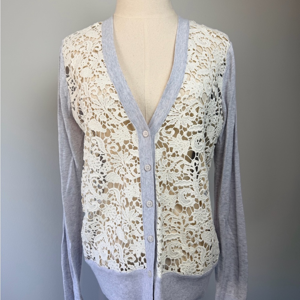 LOFT Lace Panel Cardigan in Gray and Cream